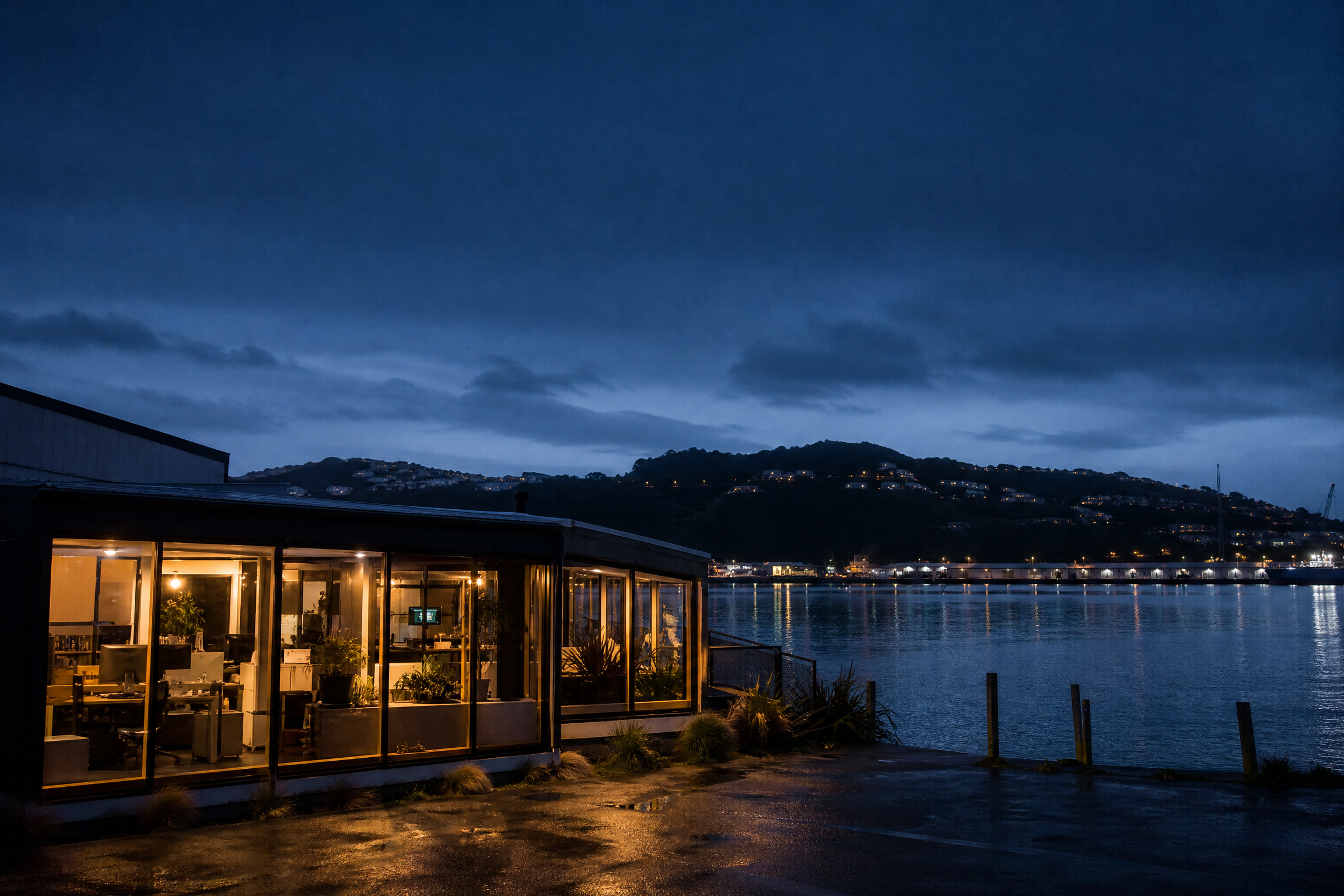 Wellington harbour at blue hour near creative studios